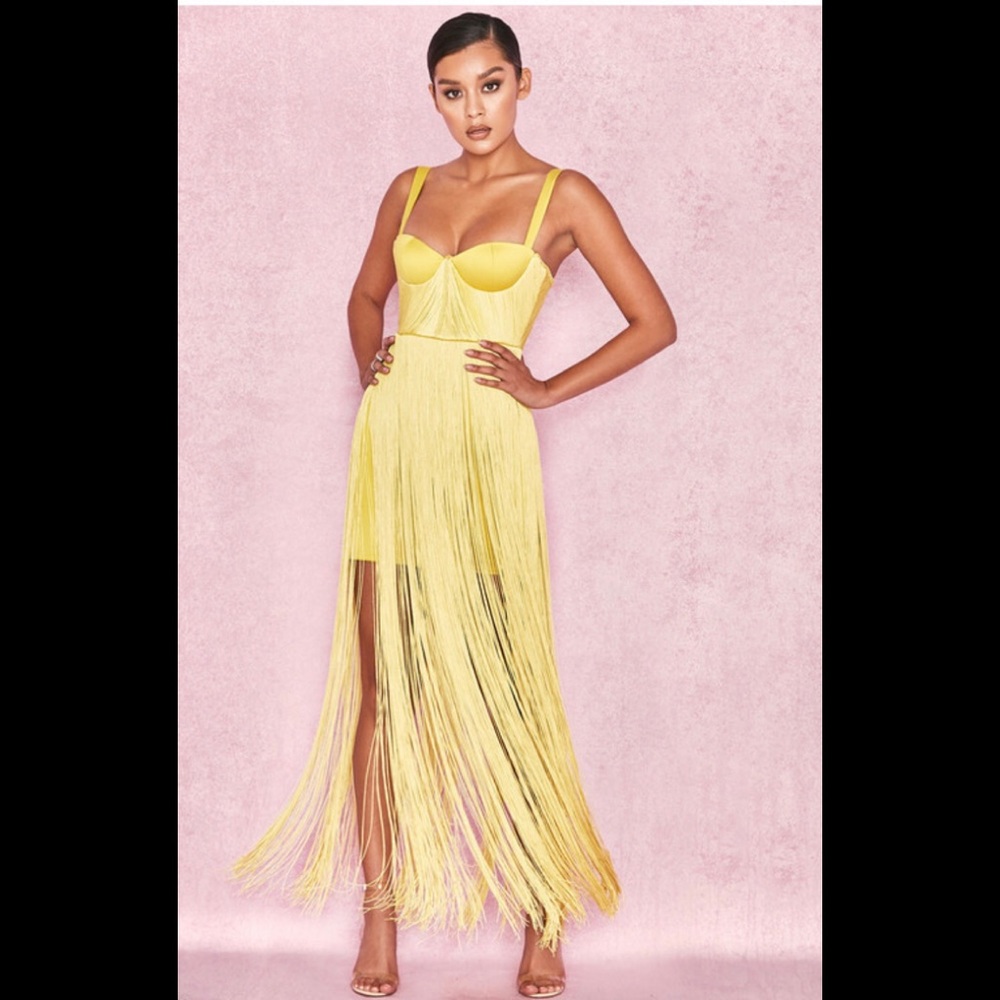 House of CB Emee Yellow Satin Fringe Dress